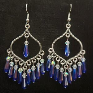 Antique silver arabesque and iridescent blue glass crystal chandelier earrings